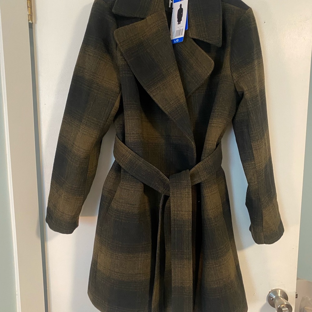 NWT Frye Green/Black Plaid Wrap Pea Coat Jacket Casual Travel Chic Women’s Sz L
